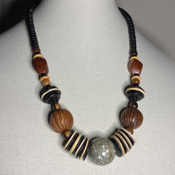 Interesting wood bead necklace mosaic style front bead - Picture 2 of 4